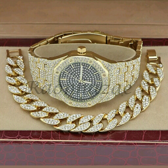 MEN ICED OUT 14K GOLD PT OCTAGON SHAPE WATCH CUBAN - Picture 1 of 5